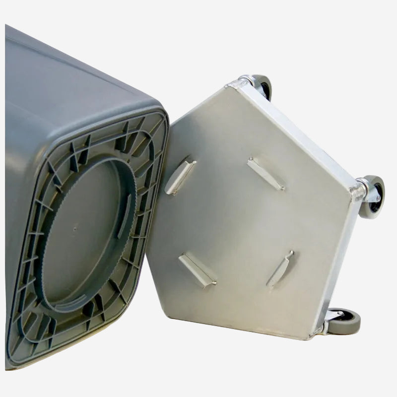 Blue aluminum trash can dolly equipped with four metal hooks for enhanced stability and transport of waste containers.