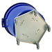 A blue metal dolly designed for trash cans, featuring four hooks for secure attachment and improved maneuverability.