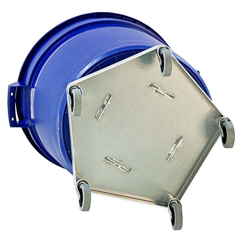 A blue metal dolly designed for trash cans, featuring four hooks for secure attachment and improved maneuverability.