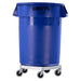 Blue anti-tip dolly designed for aluminum trash cans, equipped with four hooks for stability and ease of movement.
