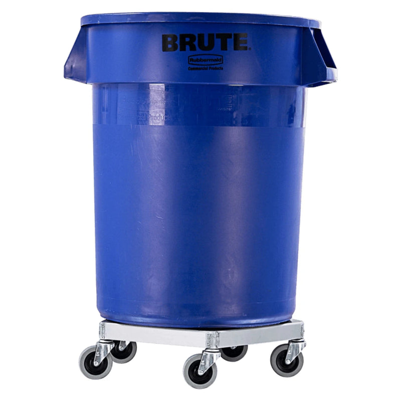 Blue anti-tip dolly designed for aluminum trash cans, equipped with four hooks for stability and ease of movement.