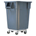 Aluminum trash can dolly in blue, featuring four hooks for securing trash cans during transport.