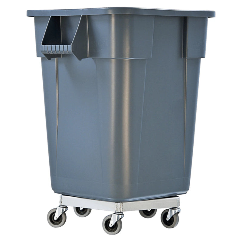 Aluminum trash can dolly in blue, featuring four hooks for securing trash cans during transport.