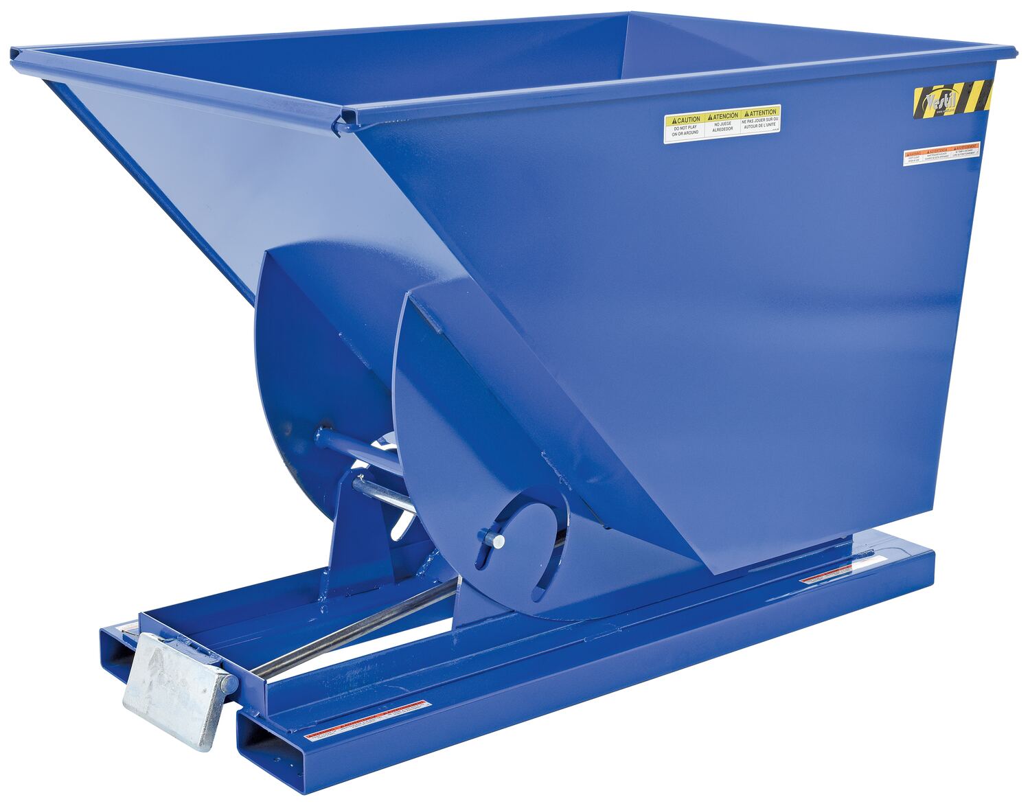 Vestil D-100-HD steel self-dumping hopper, angled view.
