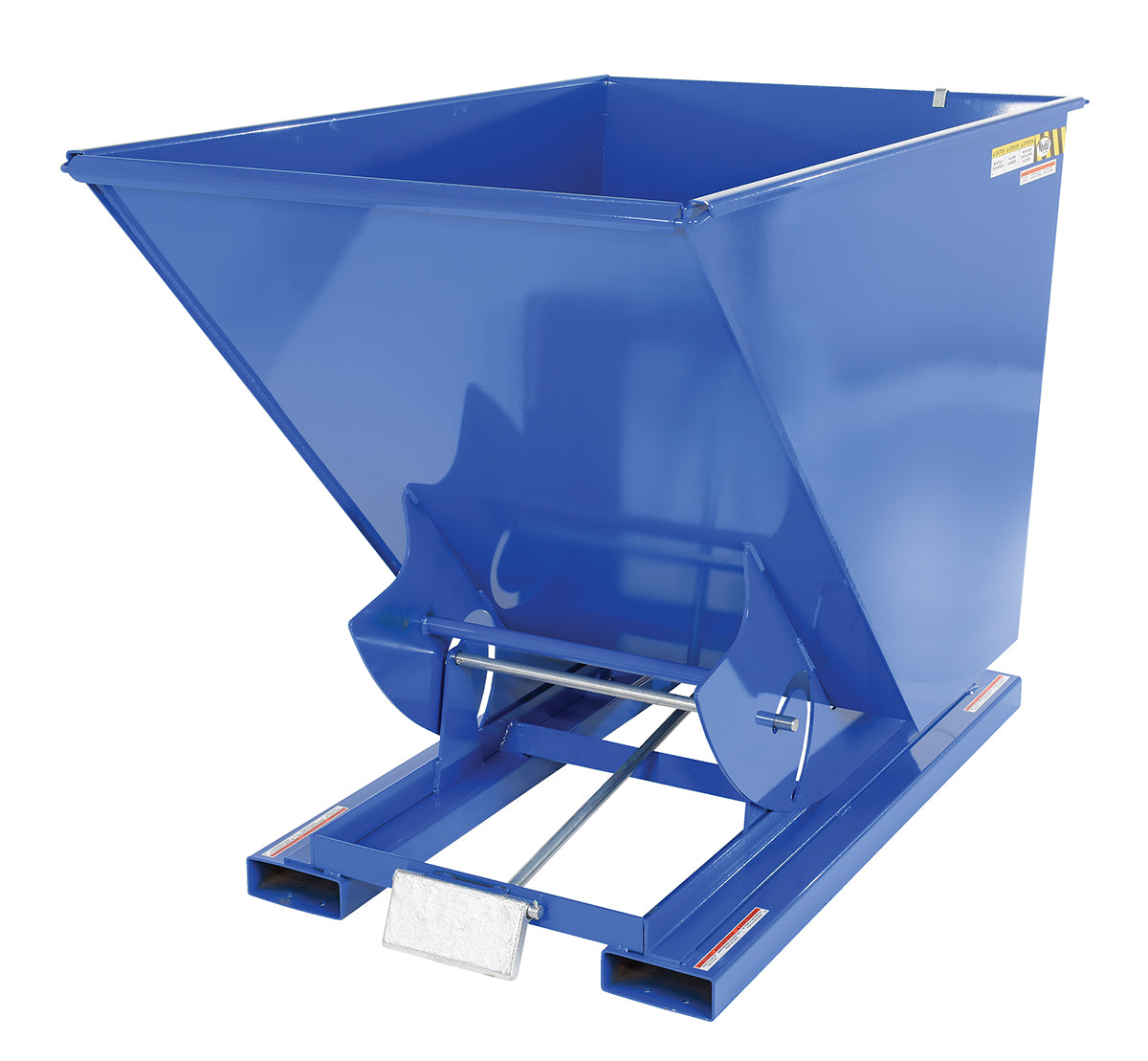 Vestil D-150-HD steel self-dumping hopper, angled view.