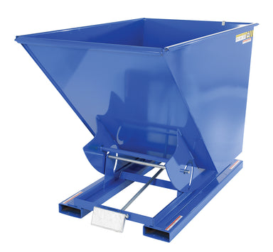 Vestil D-150-HD steel self-dumping hopper, angled view.