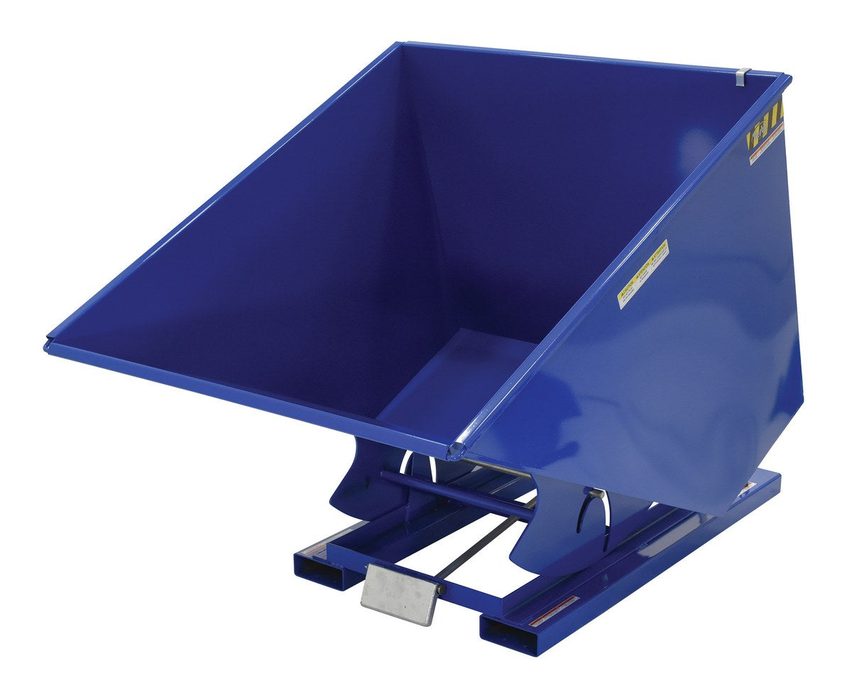 Vestil D-200-HD steel self-dumping hopper, angled view.