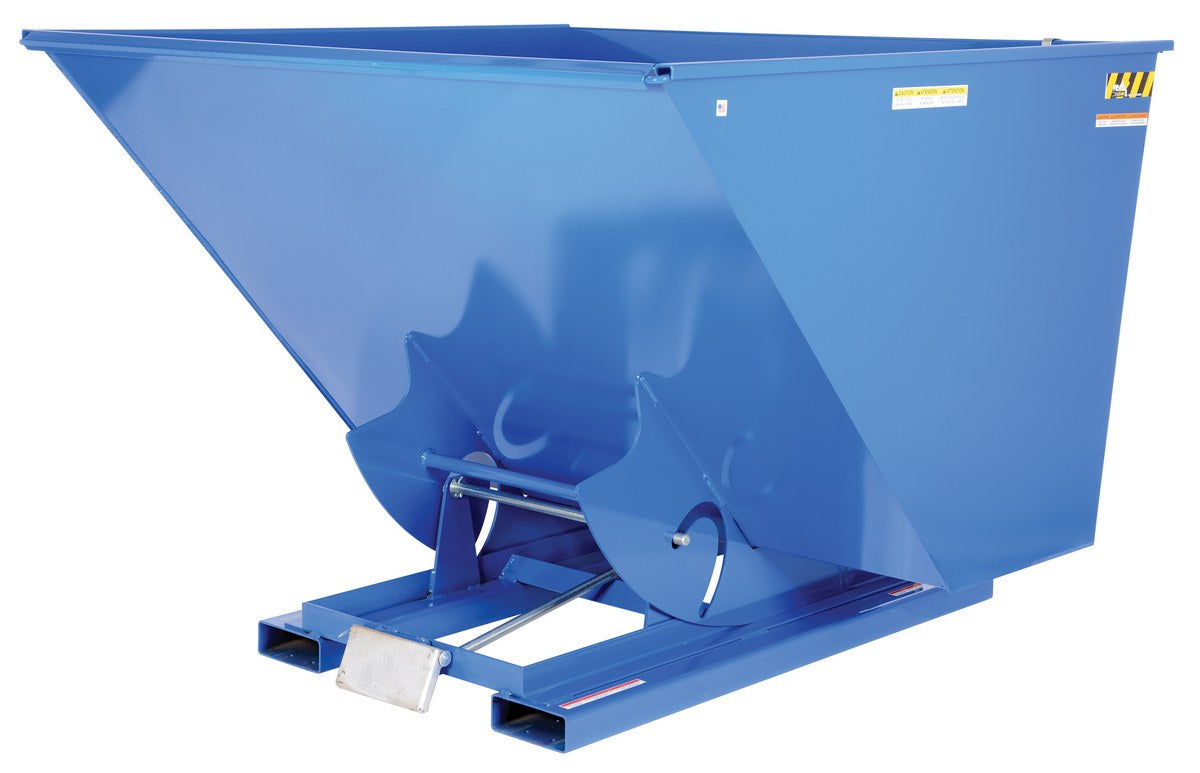 Vestil D-250-HD steel self-dumping hopper, angled view.