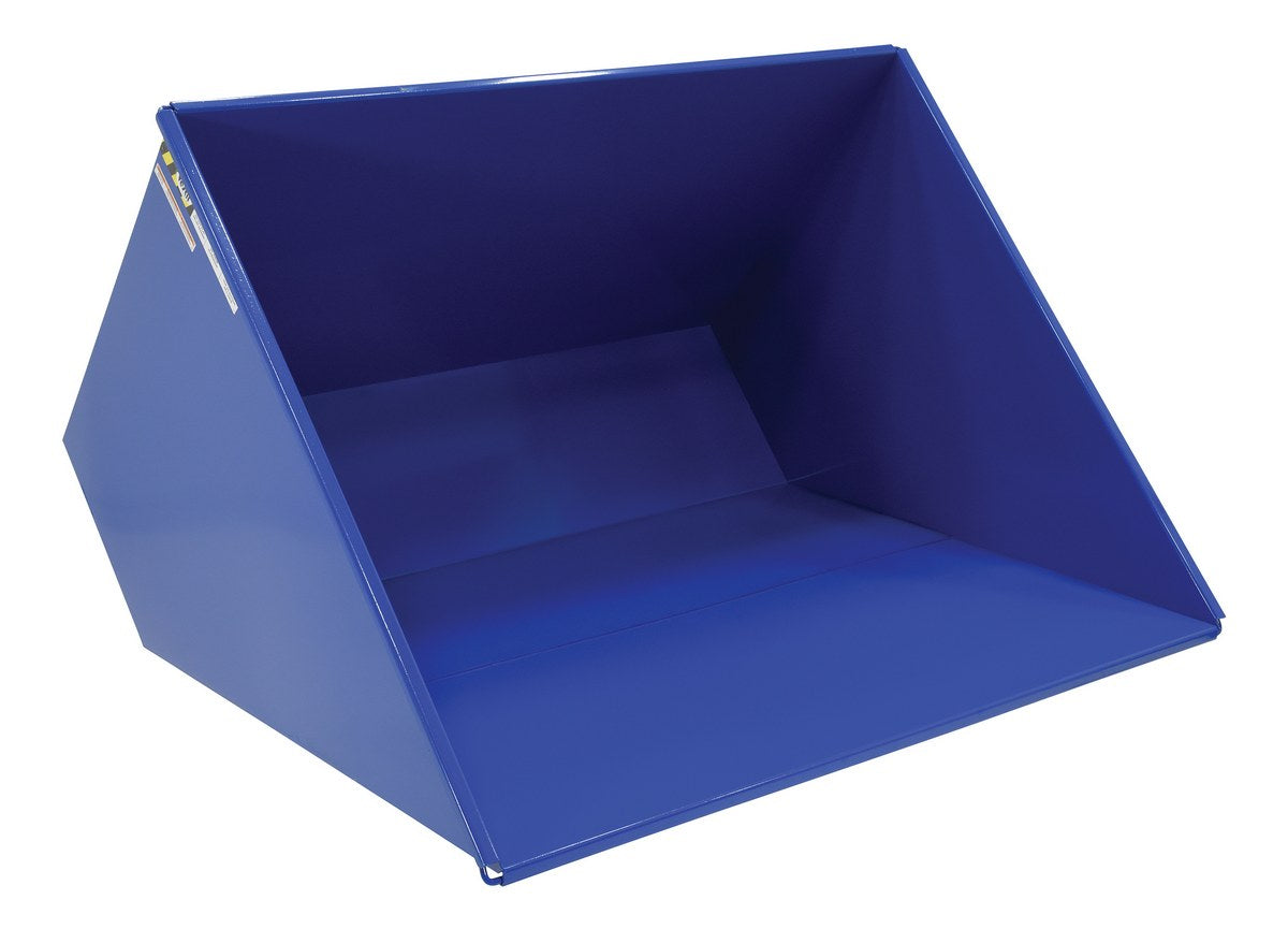 Vestil D-300-LD steel self-dumping hopper, angled view.