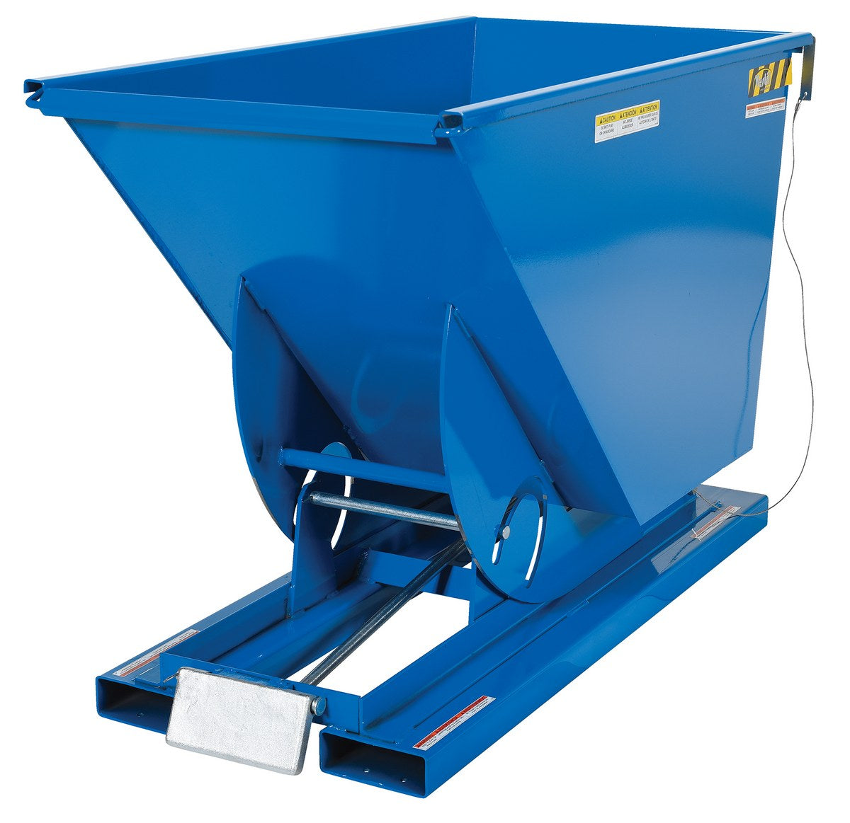 Vestil D-75-HD steel self-dumping hopper, angled view.
