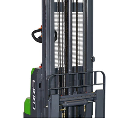 Lithium straddle stacker forklift in green and black, 3000 lb capacity, 177 inches tall, featuring a side-shift mechanism.