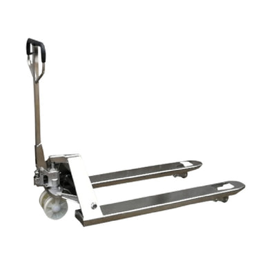 Manual pallet jack with a handle and wheel, designed for lifting and transporting loads up to 5,500 lbs.