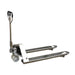 Manual pallet jack with a handle and wheel, designed for lifting and transporting loads up to 5,500 lbs.