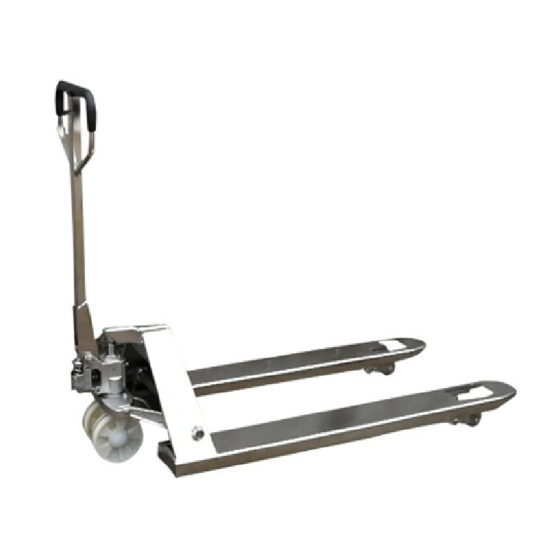 Galvanized steel manual pallet jack with a handle and wheel, designed for heavy loads up to 5,500 lbs capacity.