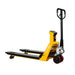 Yellow and black EKKO A25WL manual pallet jack with scale and printer, capable of lifting 5500 lbs, on a white background.