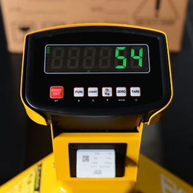 EKKO A25WL manual pallet jack in yellow and black, featuring a scale and printer, with a 5500 lbs capacity against a white backdrop.