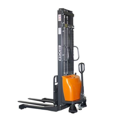 Semi-electric straddle stacker with a front handle, capable of lifting 3,300 lbs to a height of 138 inches.