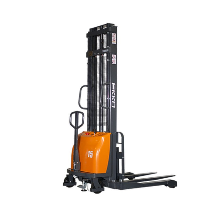EKKO EA15A Semi-Electric Straddle Stacker, featuring a fork lift truck with a handle, capable of lifting 3,300 lbs to 118" height.