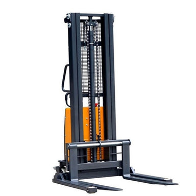  EKKO EA15B semi-electric straddle stacker with a 3300lb capacity, shown against a white backdrop.