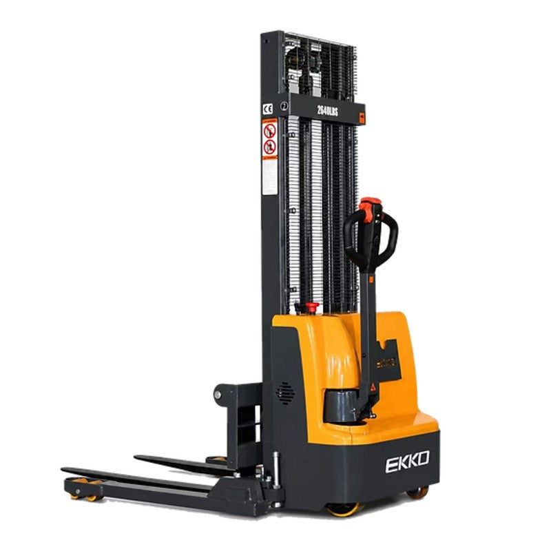 EKKO EB12E-138 full powered straddle stacker, capable of lifting 2640 lbs to a height of 138 inches for heavy lifting tasks.