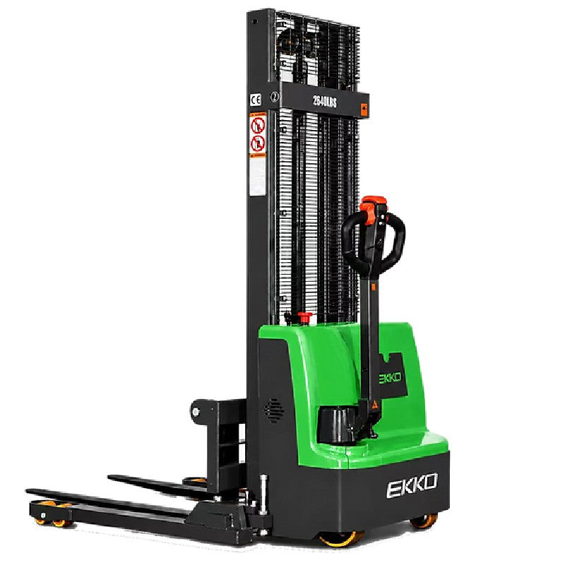 Electric straddle stacker with a 72-inch mast and 98-inch lift, designed for efficient material handling in warehouses.