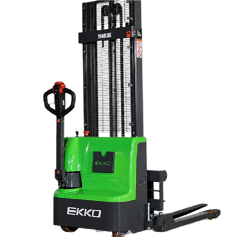 EKKO EB12E-98Li electric straddle stacker featuring a 72-inch mast and 98-inch lift for versatile lifting capabilities.