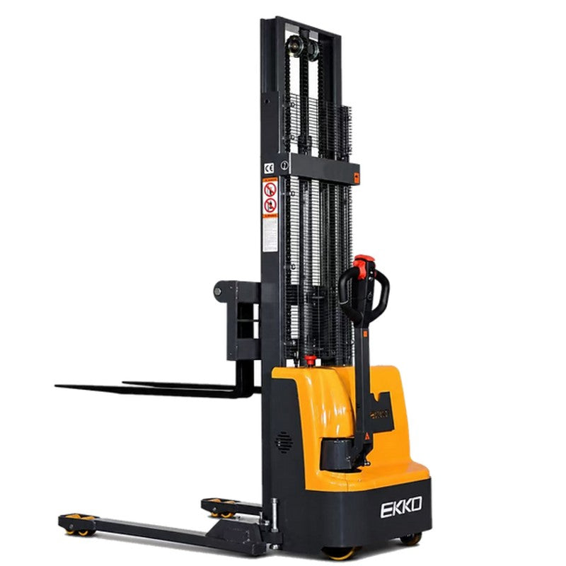 EKKO EB12EA straddle stacker forklift with yellow and black forks, capable of lifting 3000 lbs.
