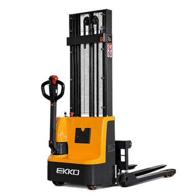 EKKO EB12EA full powered straddle stacker, featuring yellow and black forks, with a 3000 lb lifting capacity.