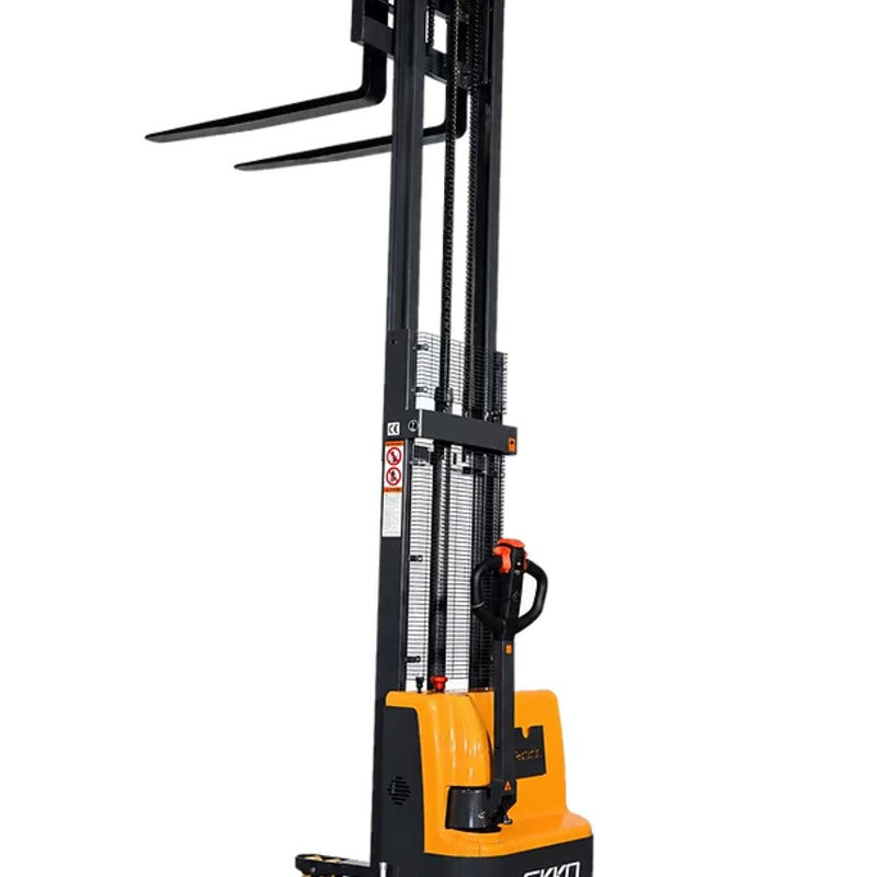 Yellow and black fork of EKKO EB12EA straddle stacker, designed for lifting loads up to 3000 lbs.