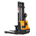 EKKO EB12EA forklift with distinctive yellow and black forks, designed for a maximum capacity of 3000 lbs.