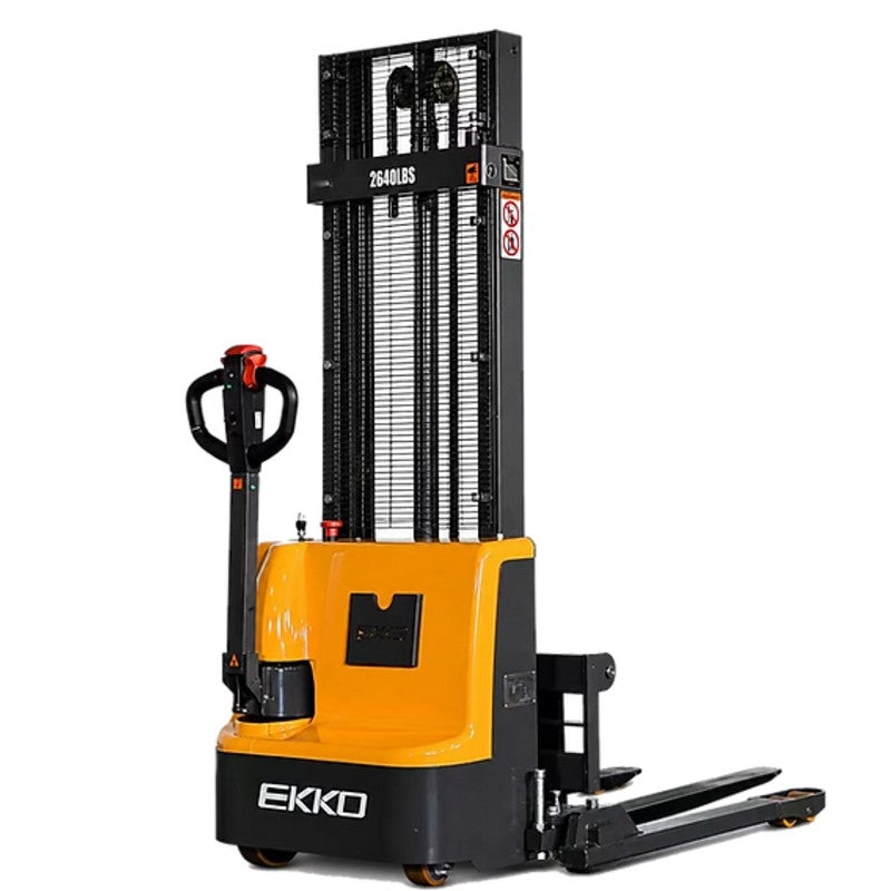 EKKO EB12E electric straddle stacker, 2640 lbs capacity, 119.4 inches tall, designed for efficient material handling.