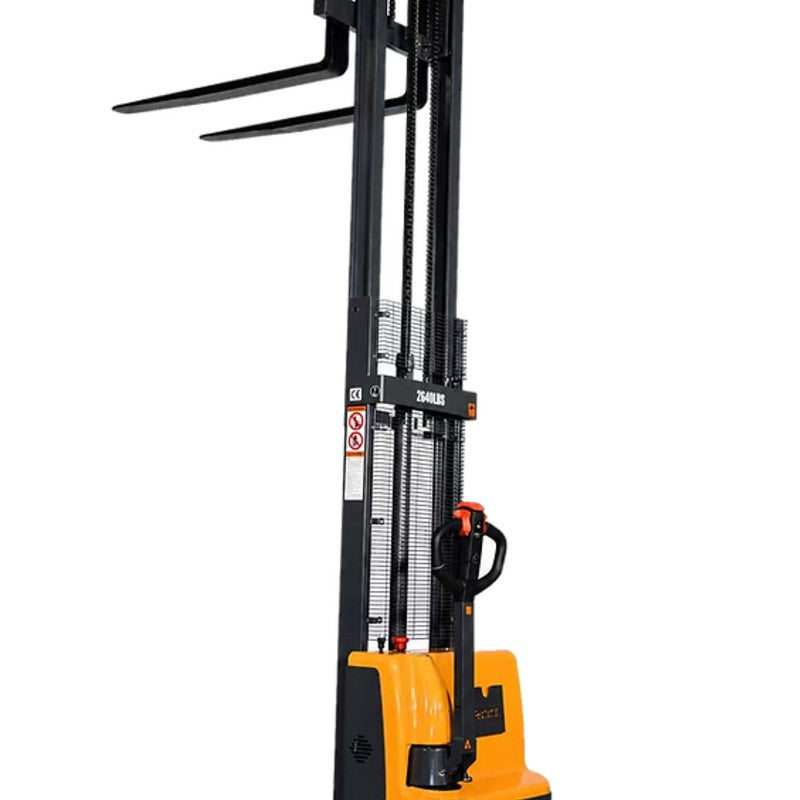 EKKO EB12E full-powered straddle stacker, capable of lifting 2640 lbs, with a height of 119.4 inches for warehouse use.