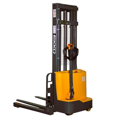 EKKO EB13C-118 full powered straddle stacker, featuring a side handle and a lifting capacity of 2800 lbs.