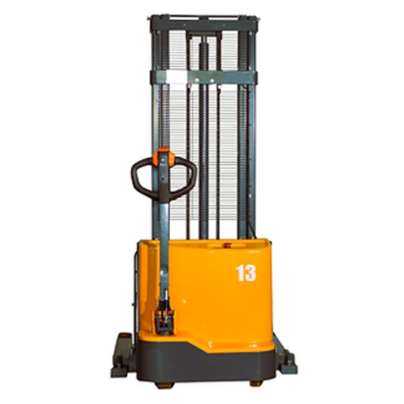 EKKO EB13C-118 straddle stacker, designed for 2800 lb capacity, with a side handle and a maximum height of 118 inches.