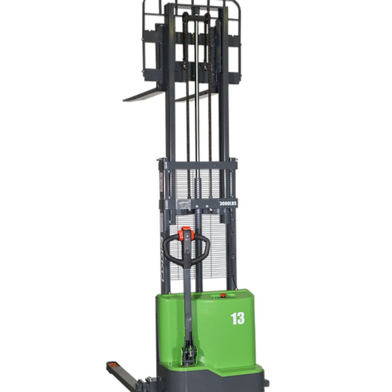  EKKO EB13C-118Li lithium straddle stacker in green and black, designed for 2800 lb capacity, displayed against a black background.