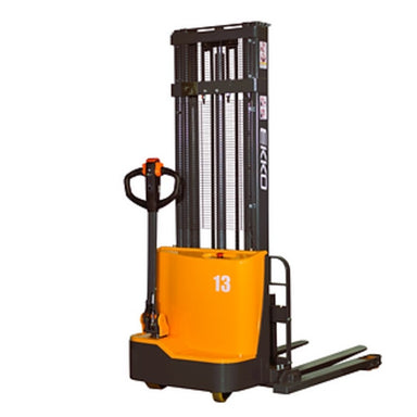A full-powered straddle stacker forklift with a side handle, designed for lifting up to 2800 lbs.