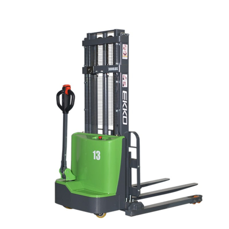 A green and black EKKO EB13C-138Li lithium straddle stacker with a 2800 lb capacity, set on a black background.