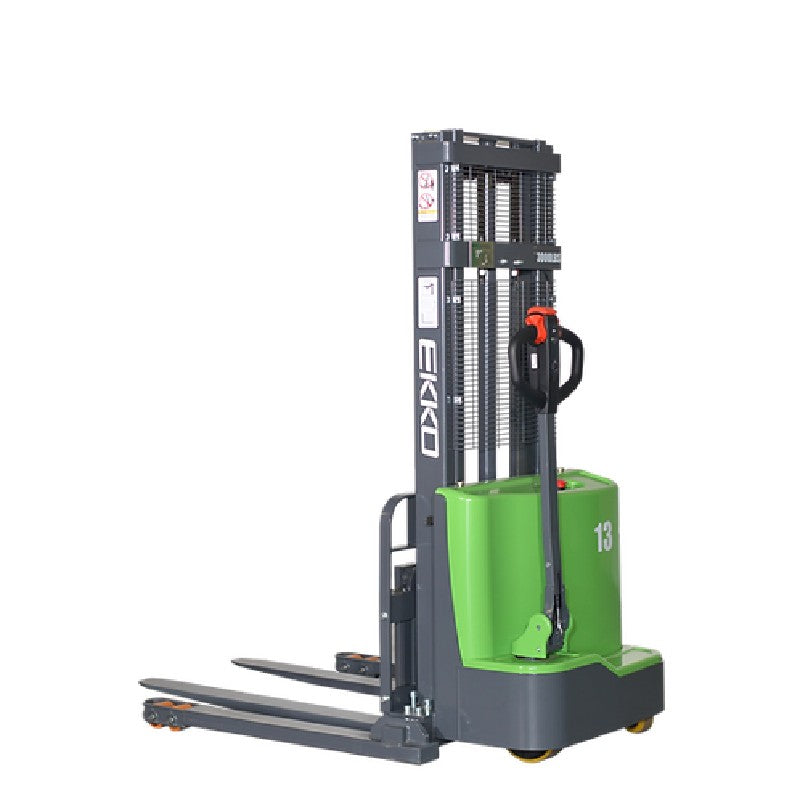  Green and black EKKO EB13C-145Li lithium straddle stacker on a black background, showcasing its 2800 lb capacity and 145" height.