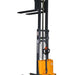 EKKO EB13CD stacker with yellow handle and orange wheels, capable of lifting 2800 lbs to a maximum height of 118 inches.