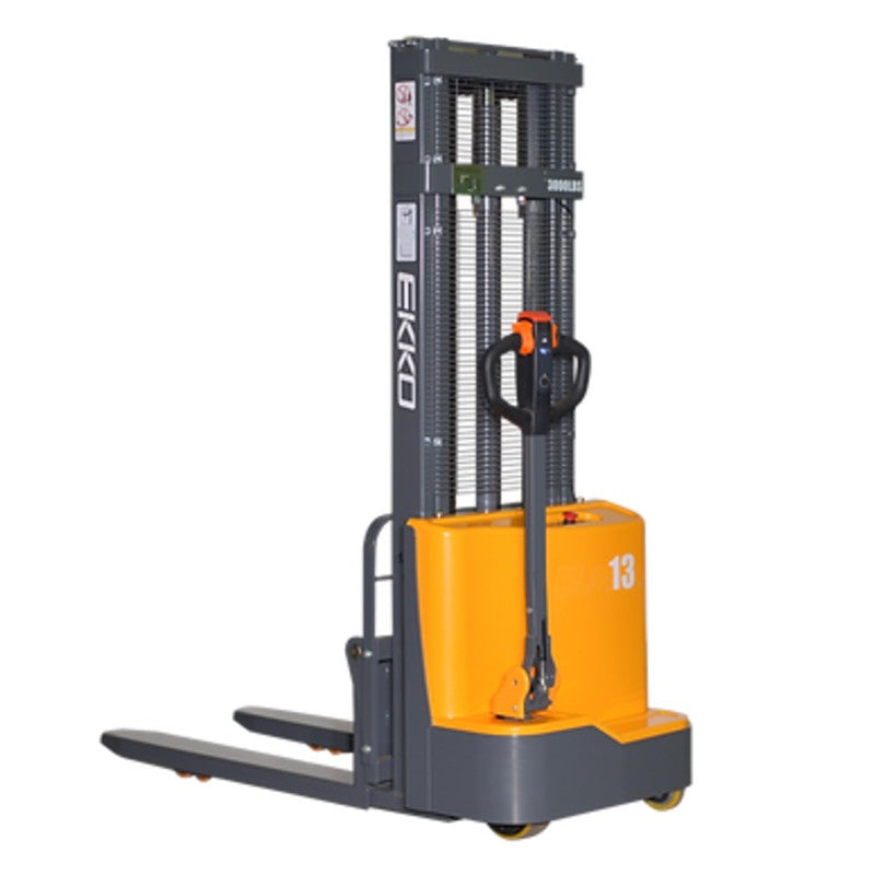 A full powered fork over stacker with a yellow handle and orange wheels, capable of lifting 2800 lbs to a height of 118 inches.