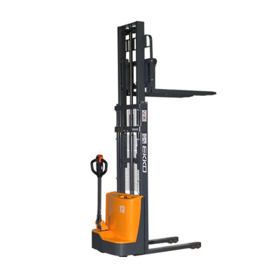 EKKO EB13CD fork over stacker featuring a yellow handle and orange wheels, designed for lifting up to 2800 lbs at 118 inches high.