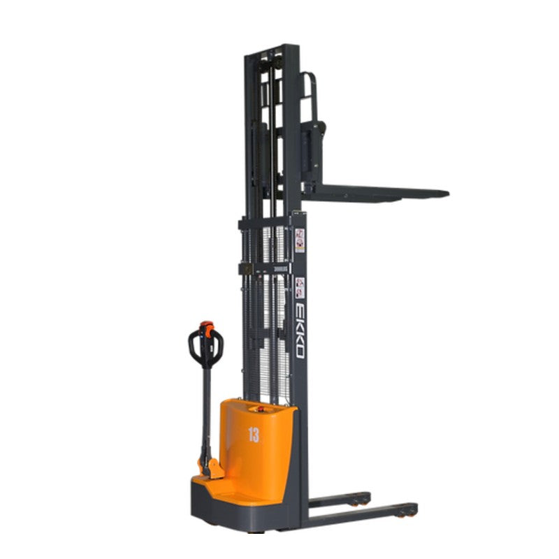 EKKO EB13CD fork over stacker featuring a yellow handle and orange wheels, designed for lifting up to 2800 lbs at 118 inches high.