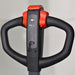 A powered fork over stacker, EKKO EB13CD, with a yellow handle and orange wheels, supporting a capacity of 2800 lbs and 118" height.