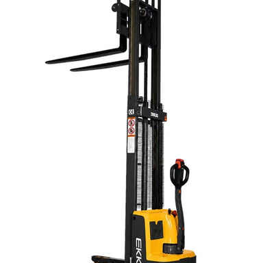 EKKO EB13E full powered straddle stacker, featuring yellow and black forks, with a lifting capacity of 2800 lbs.