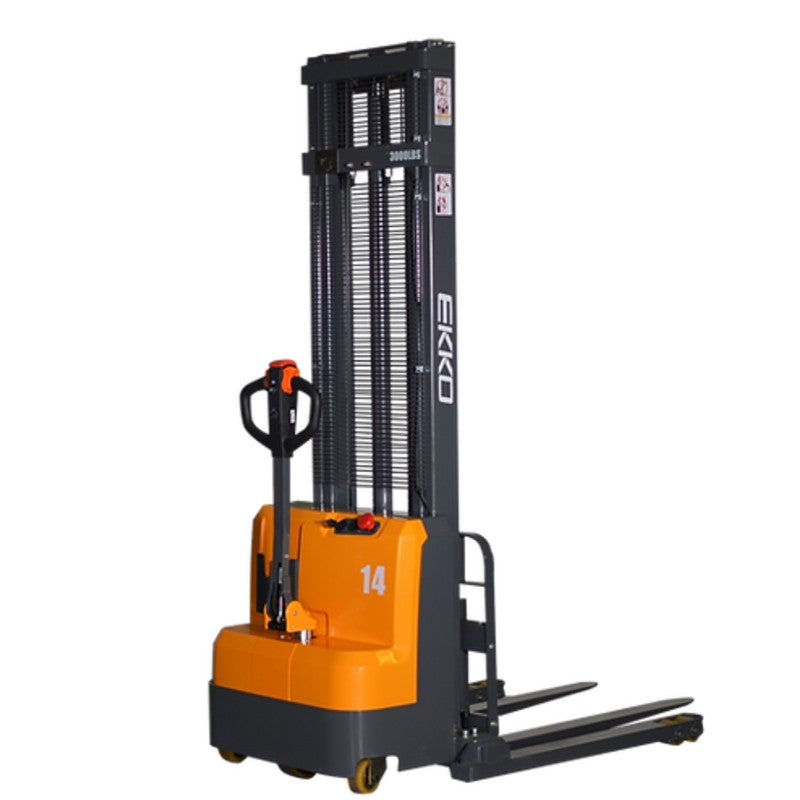  Full powered straddle stacker forklift with a top handle, designed for lifting and moving loads up to 3000 lbs.