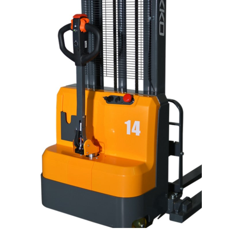 A powered straddle stacker forklift with a handle, designed for lifting loads up to 3000 lbs in various environments.