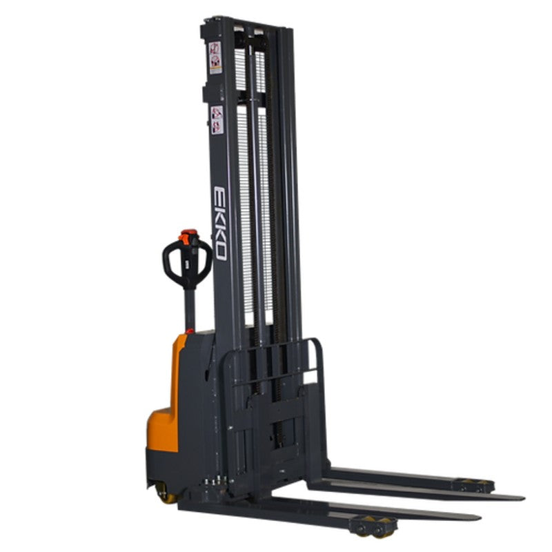EKKO EB14C-138 full powered straddle stacker, equipped with a top handle for easy maneuvering of 3000 lb loads.