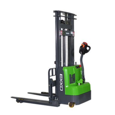 Green and black EKKO EB14C-145Li electric straddle stacker with a 3000 lb capacity and 145-inch height.
