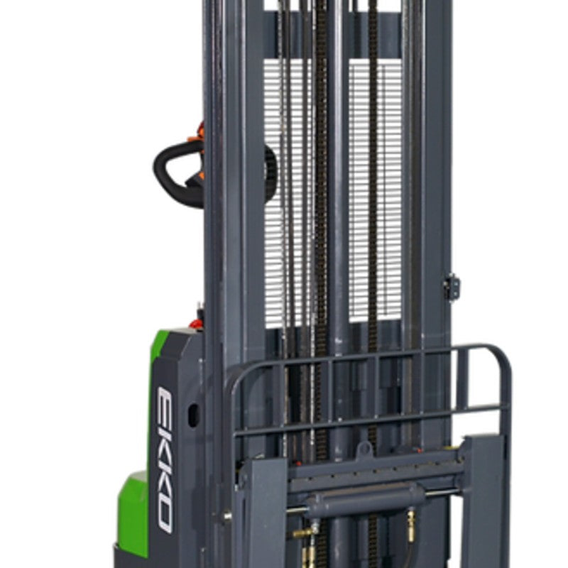 EKKO EB14CS-138Li electric straddle stacker, 3000 lb capacity, used for moving and stacking goods in warehouses.