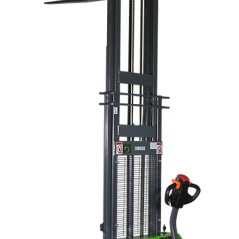 EKKO EB14CS-145Li electric stacker, capable of lifting 3000 lbs to a height of 145", designed for moving goods.